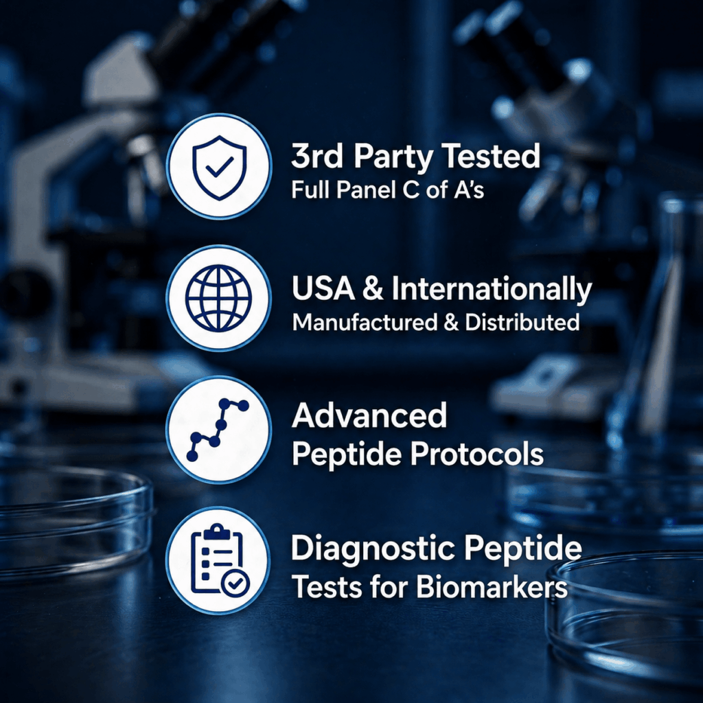 Ageless Pep quality: 3rd-party tested (full panel C of A), USA and internationally manufactured and distributed, advanced peptide protocols, and diagnostic peptide tests for biomarkers